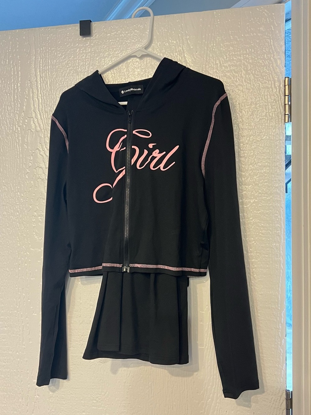 Black Hooded Zip-Up Top with Pink 'Girl' Script